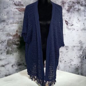 Say What Women's Blue Open Knit Cardigan Medium Fringe Casual Open Front Boho